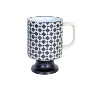 Vintage Footed Coffee Mug with Black & White Argyle Pattern